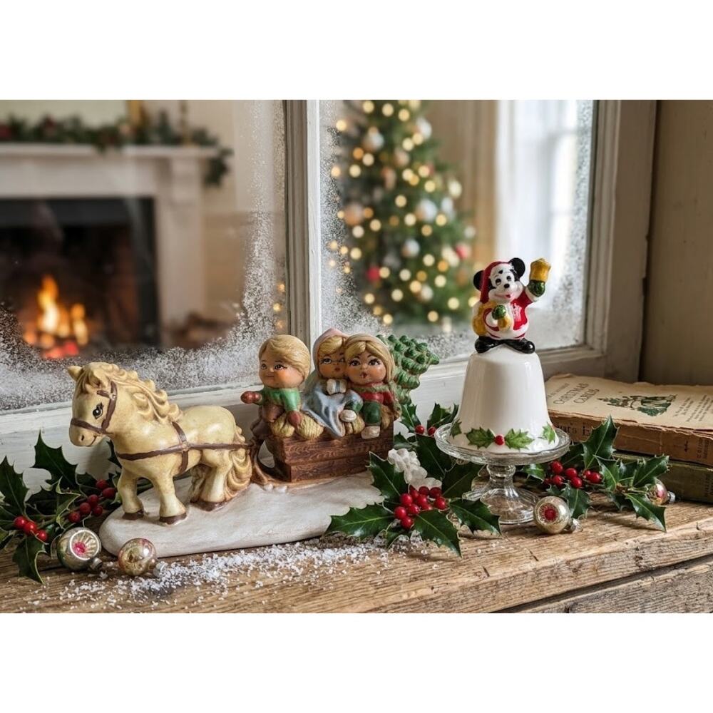 Vintage Mickey Mouse Santa Christmas Porcelain Bell Walt Disney Productions
